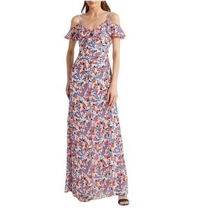 Lauren Ralph Lauren Maxi Off Shoulder Crinkled Georgette Floral Dress Size 10